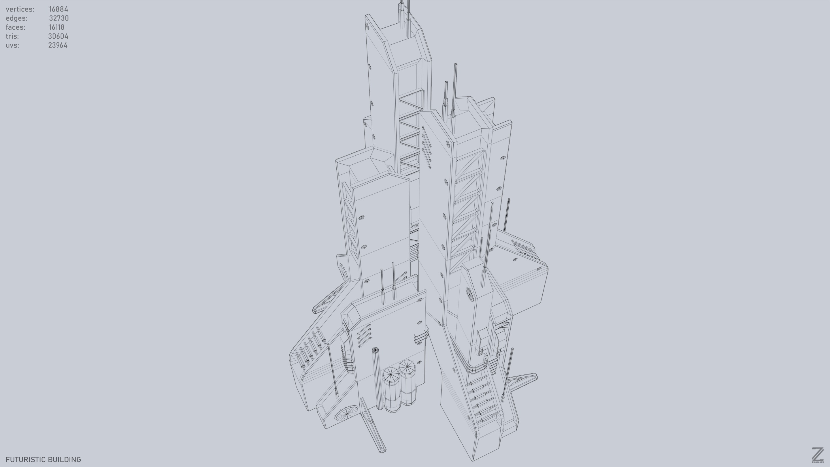 Futuristic building Low-poly 3D model_11