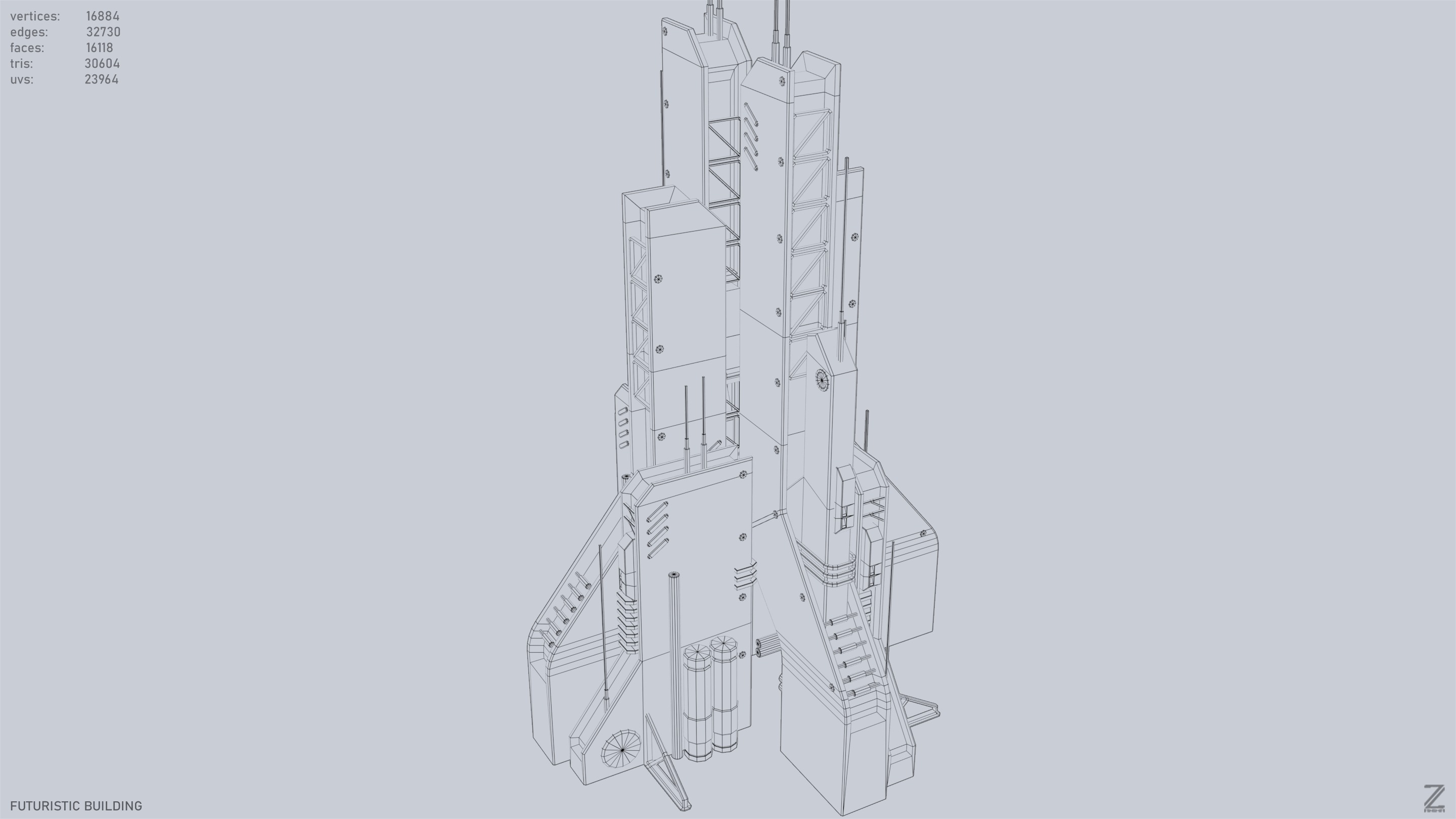 Futuristic building Low-poly 3D model_15