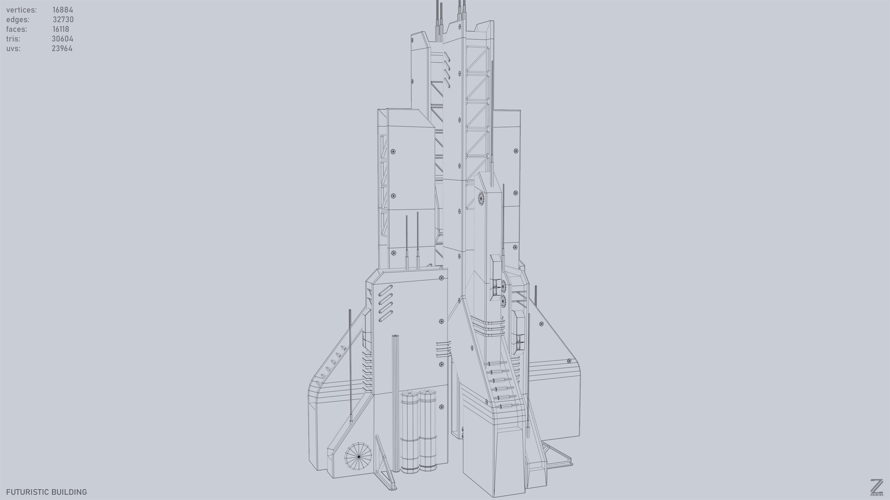 Futuristic building Low-poly 3D model_10