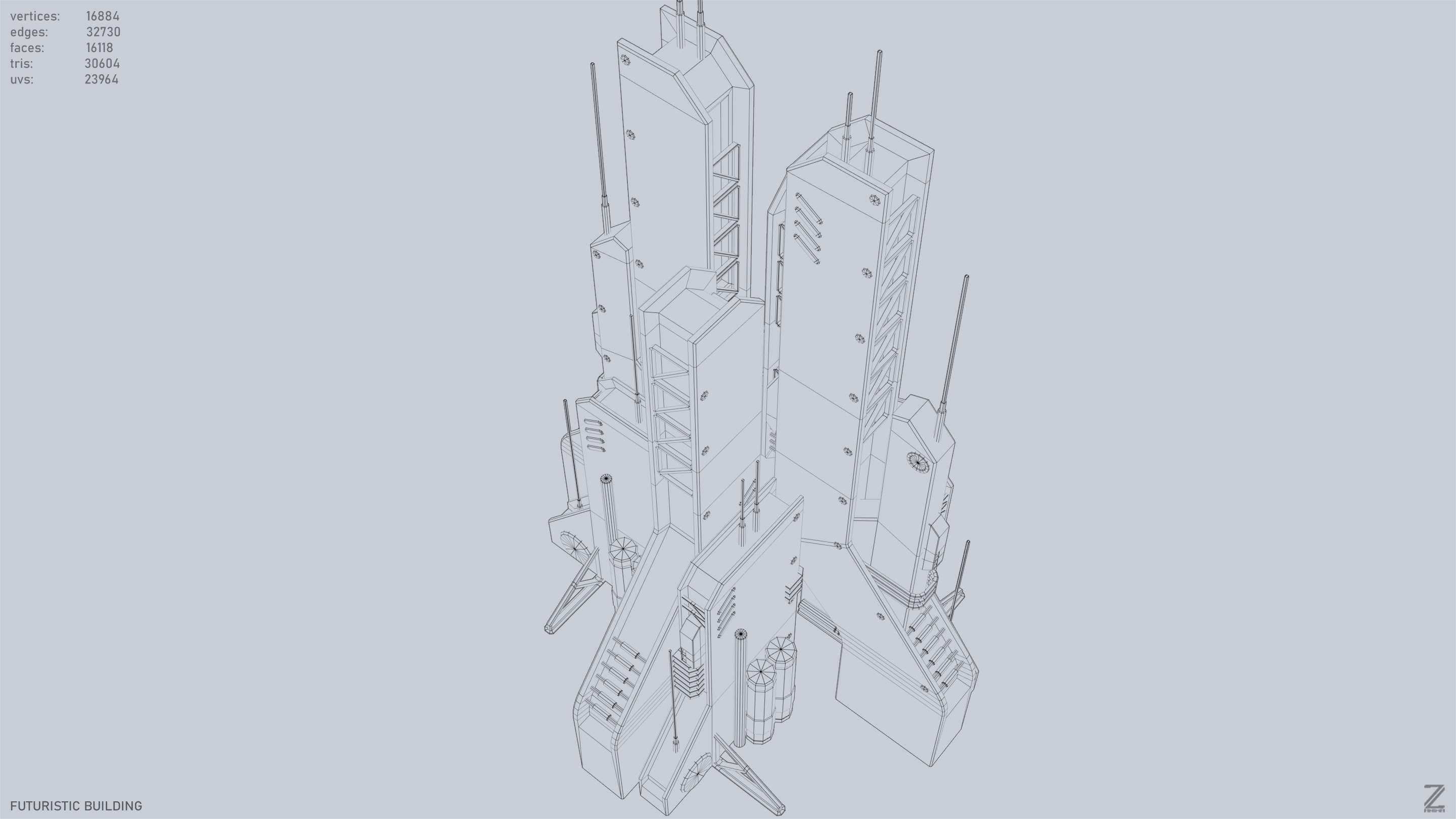 Futuristic building Low-poly 3D model_13