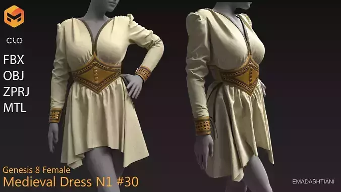 Medieval Dress N1 30  MarvelousDesigner-CLO3D ZPRJ FBX OBJ MTL