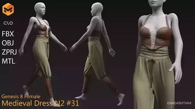 Medieval Dress N2 31  MarvelousDesigner-CLO3D ZPRJ FBX OBJ MTL