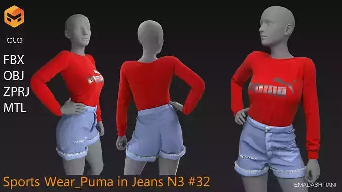 Sports Wear Puma in Jeans N3 32   CLO3D ZPRJ FBX OBJ MTL