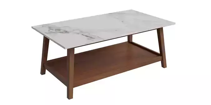 Walnut Wooden With Storage And Marble-Look Top Coffee Table