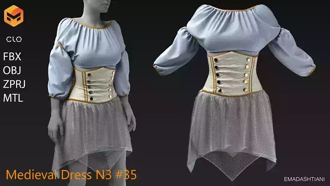 Medieval Dress N3 35 MarvelousDesigner-CLO3D ZPRJ FBX OBJ MTL