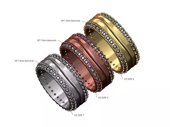 Diamond sides curved split cigar band US sizes 7 8 9