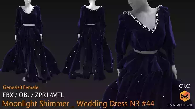 Moonlight Shimmer Wedding Dress N3 44  CLO3D ZPRJ FBX OBJ MTL