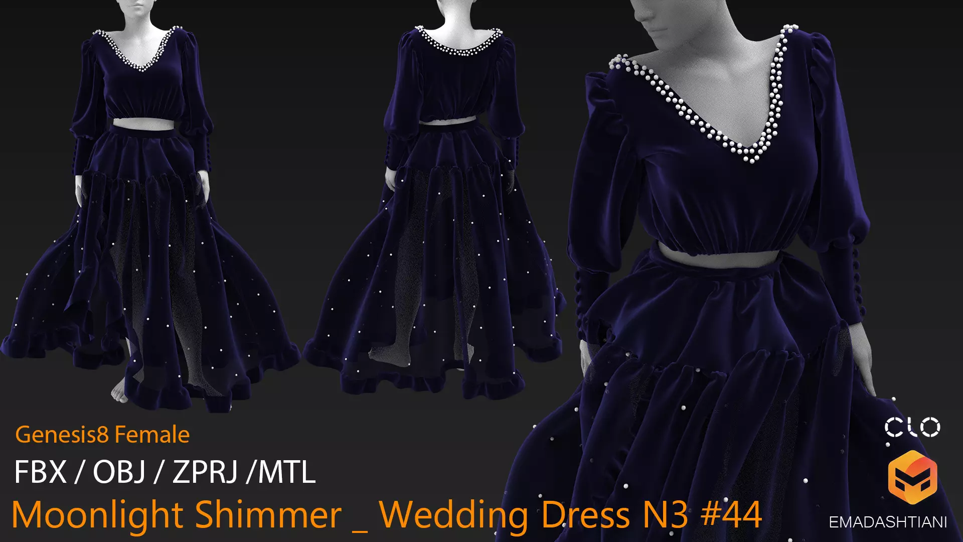 Moonlight Shimmer Wedding Dress N3 44 CLO3D ZPRJ FBX OBJ MTL 3D model