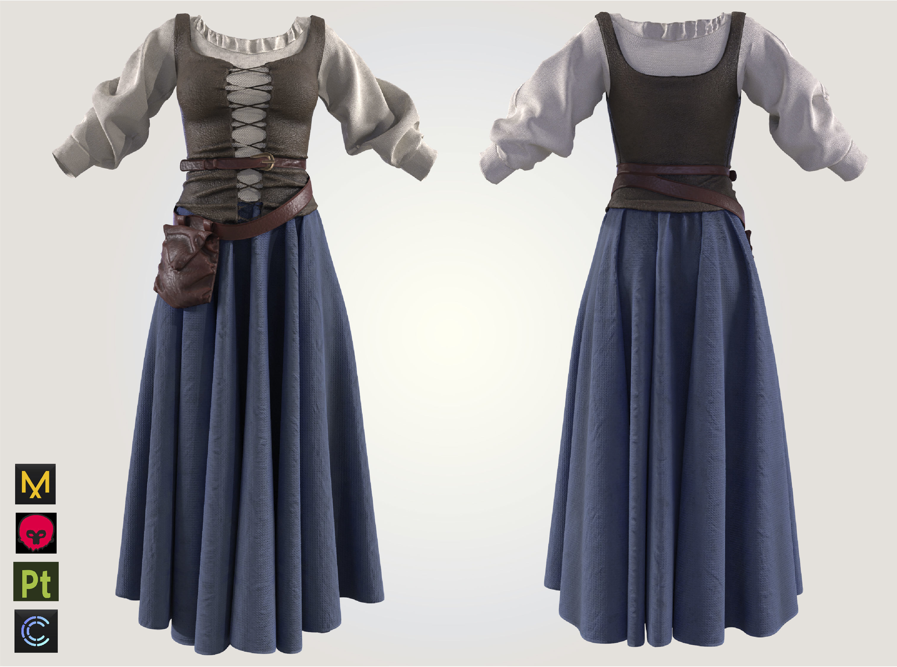 medieval peasant girl woman dress medieval clothing 3D model_8