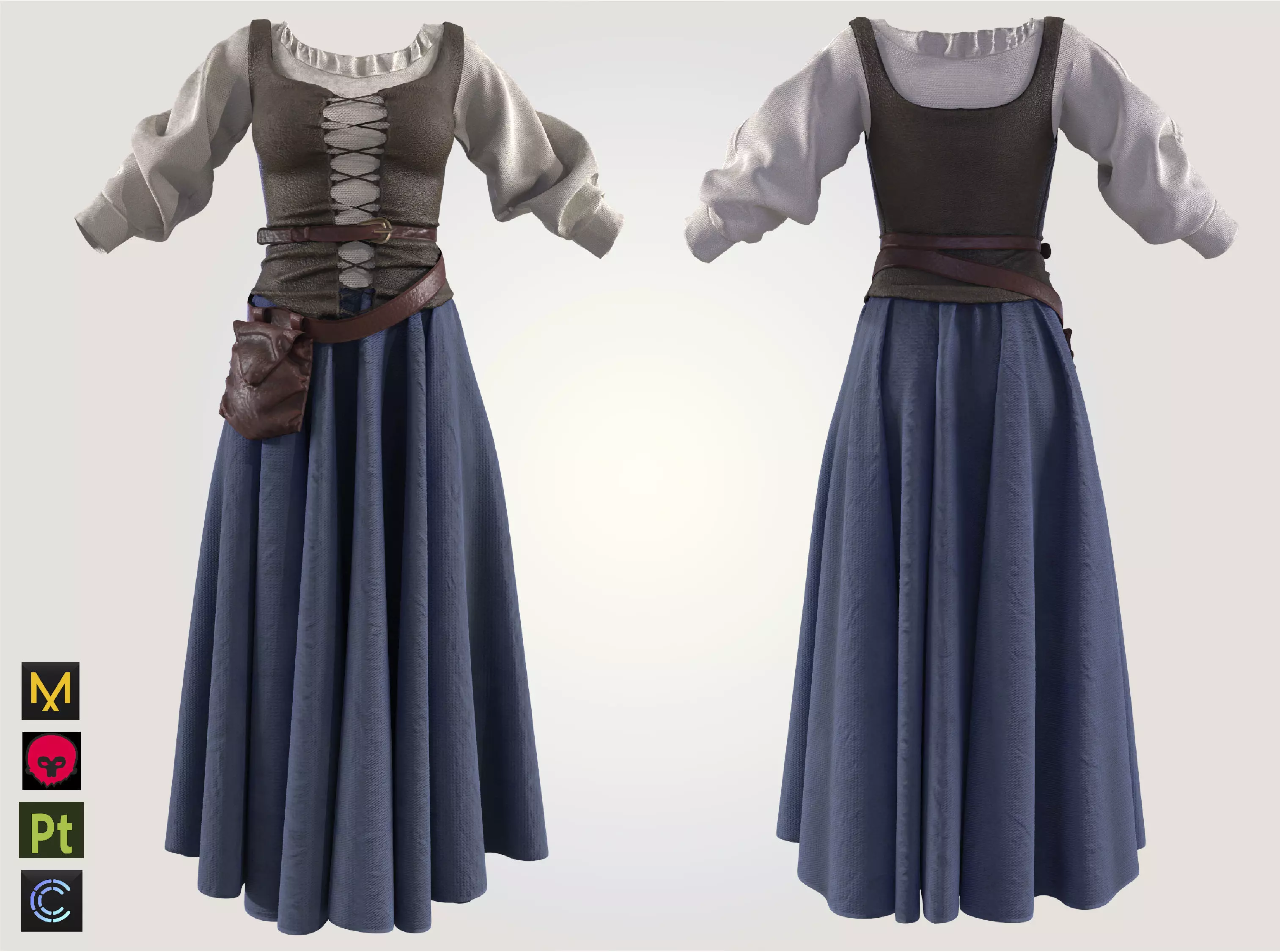 medieval peasant girl woman dress medieval clothing 3D model_0