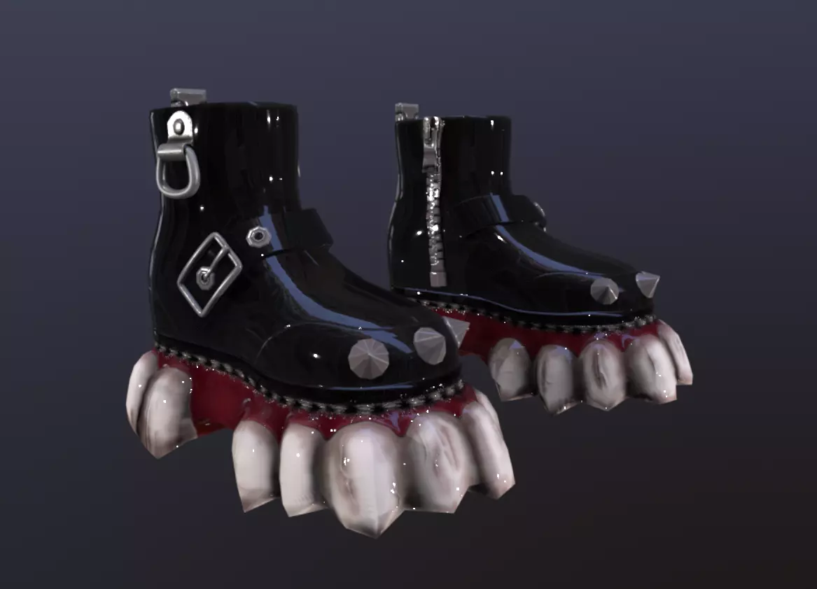 Patent leather boots with intimidating teeth on the soles Low-poly 3D model_0