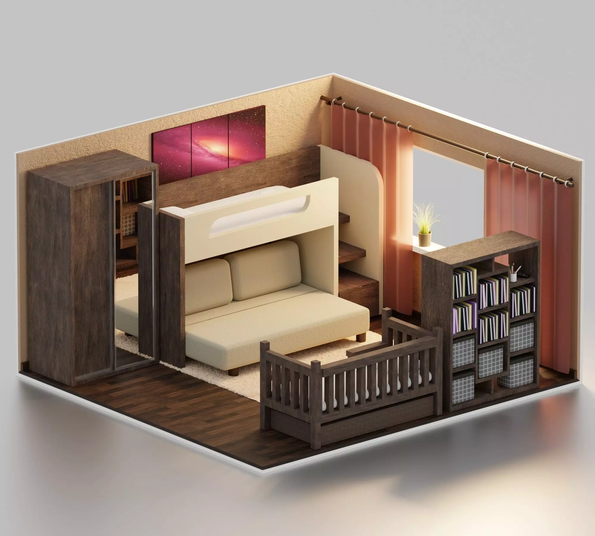 Bedroom with kids isometric bed and bookshelf 3D model_0