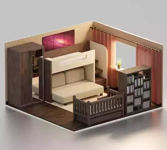 Bedroom with kids isometric bed and bookshelf