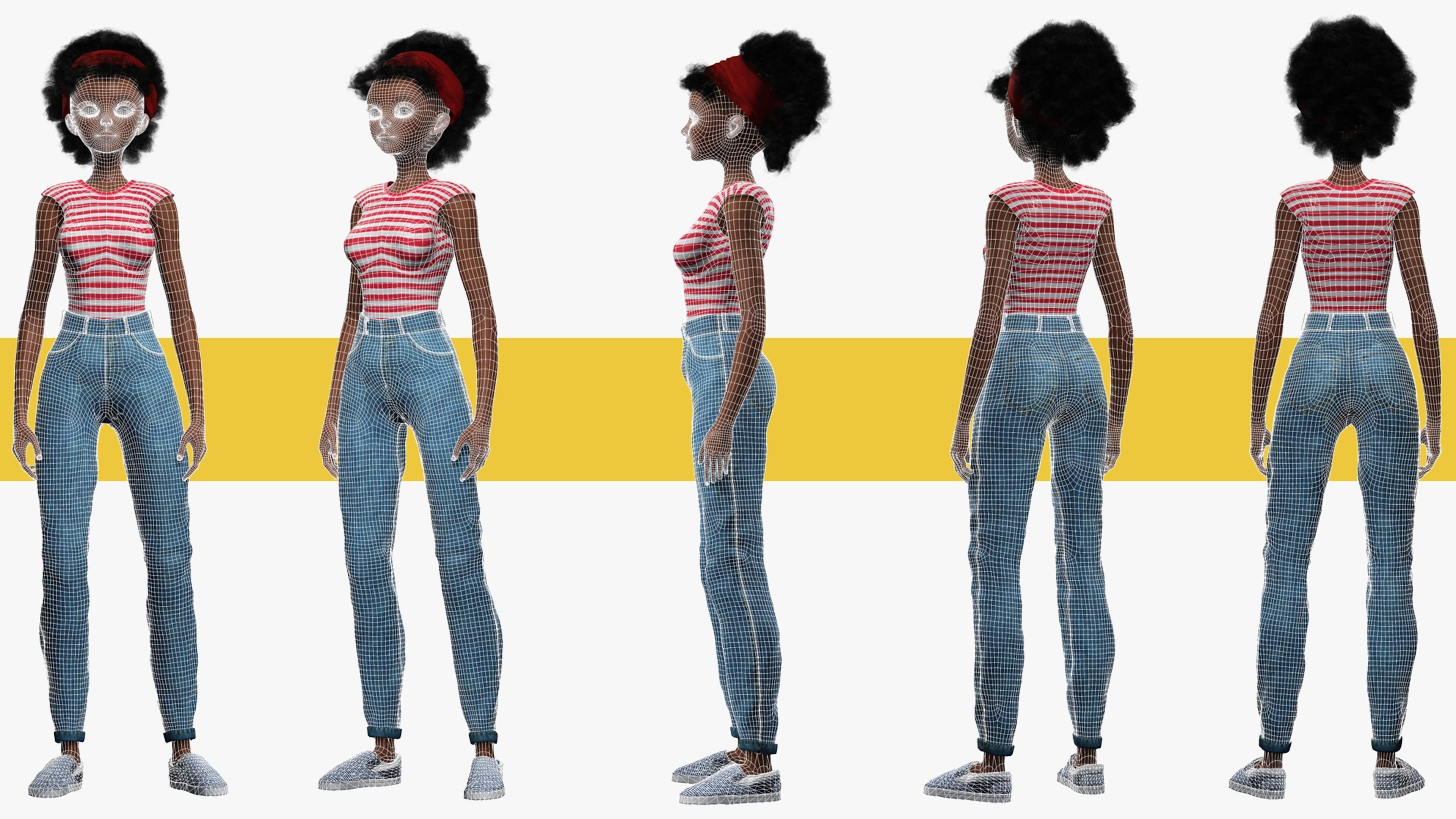 Cute African Female Cartoon Black afro rigged Woman 3D Low-poly 3D model_28