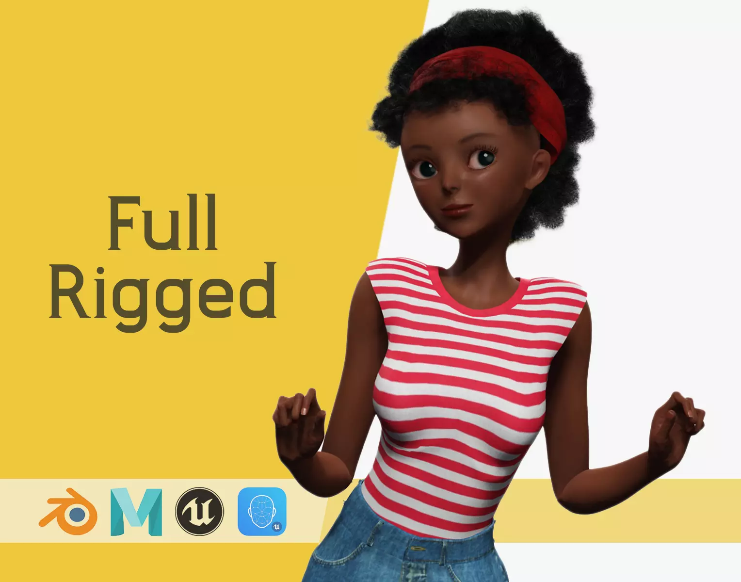 Cute African Female Cartoon Black afro rigged Woman 3D Low-poly 3D model_0