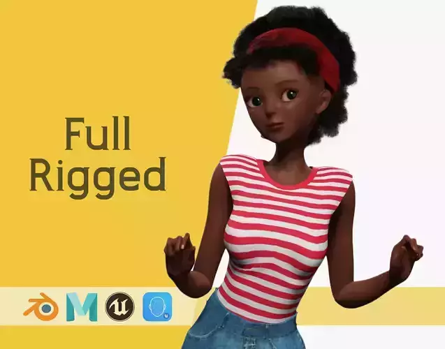 Cute African Female Cartoon Black afro rigged Woman 3D Low-poly 3D model Cute African Female Cartoon Black afro rigged Woman 3D Low-poly 3D model