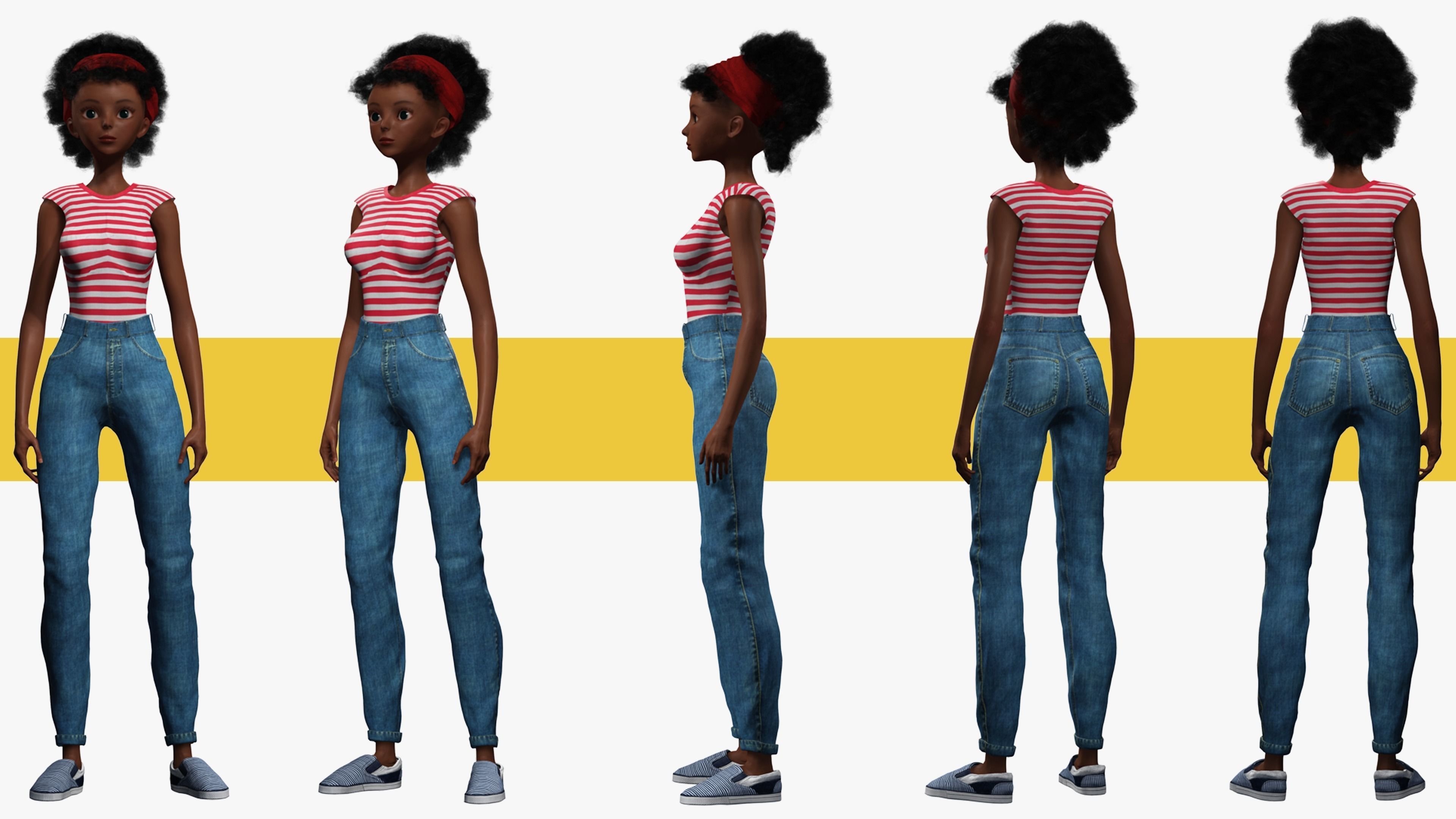 Cute African Female Cartoon Black afro rigged Woman 3D Low-poly 3D model_29