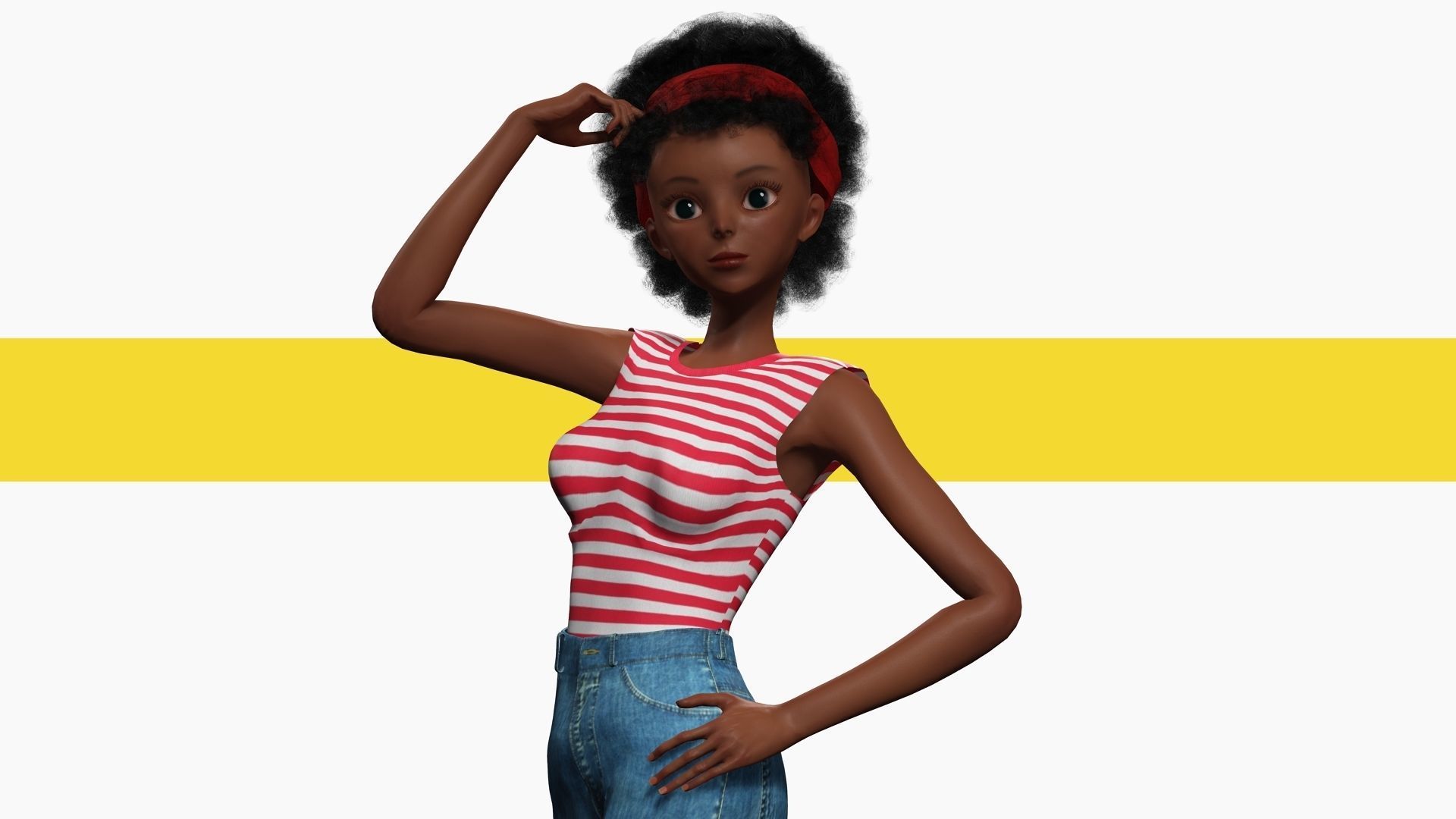 Cute African Female Cartoon Black afro rigged Woman 3D Low-poly 3D model_2