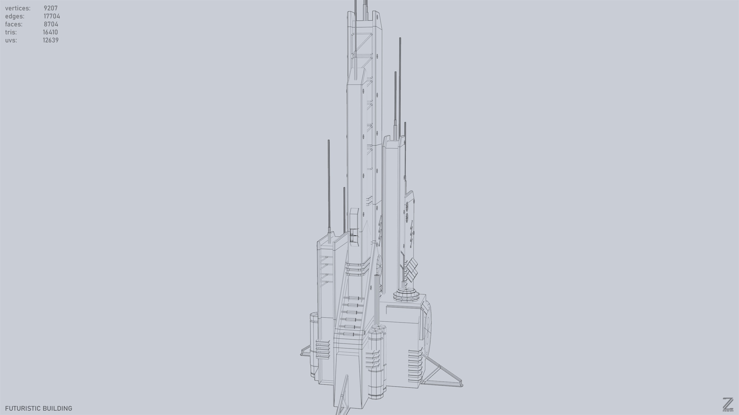 Futuristic building Low-poly 3D model_11