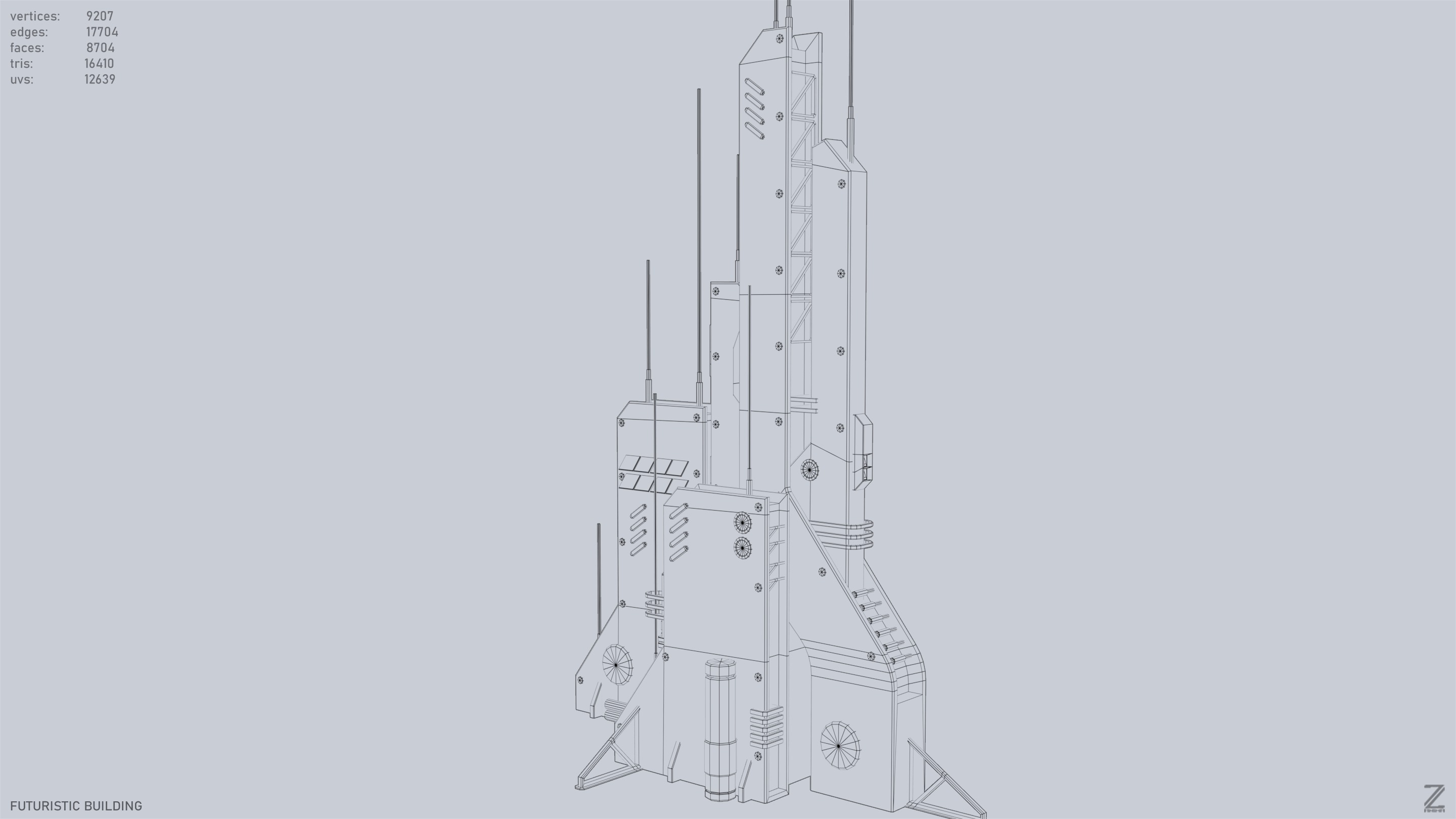 Futuristic building Low-poly 3D model_9