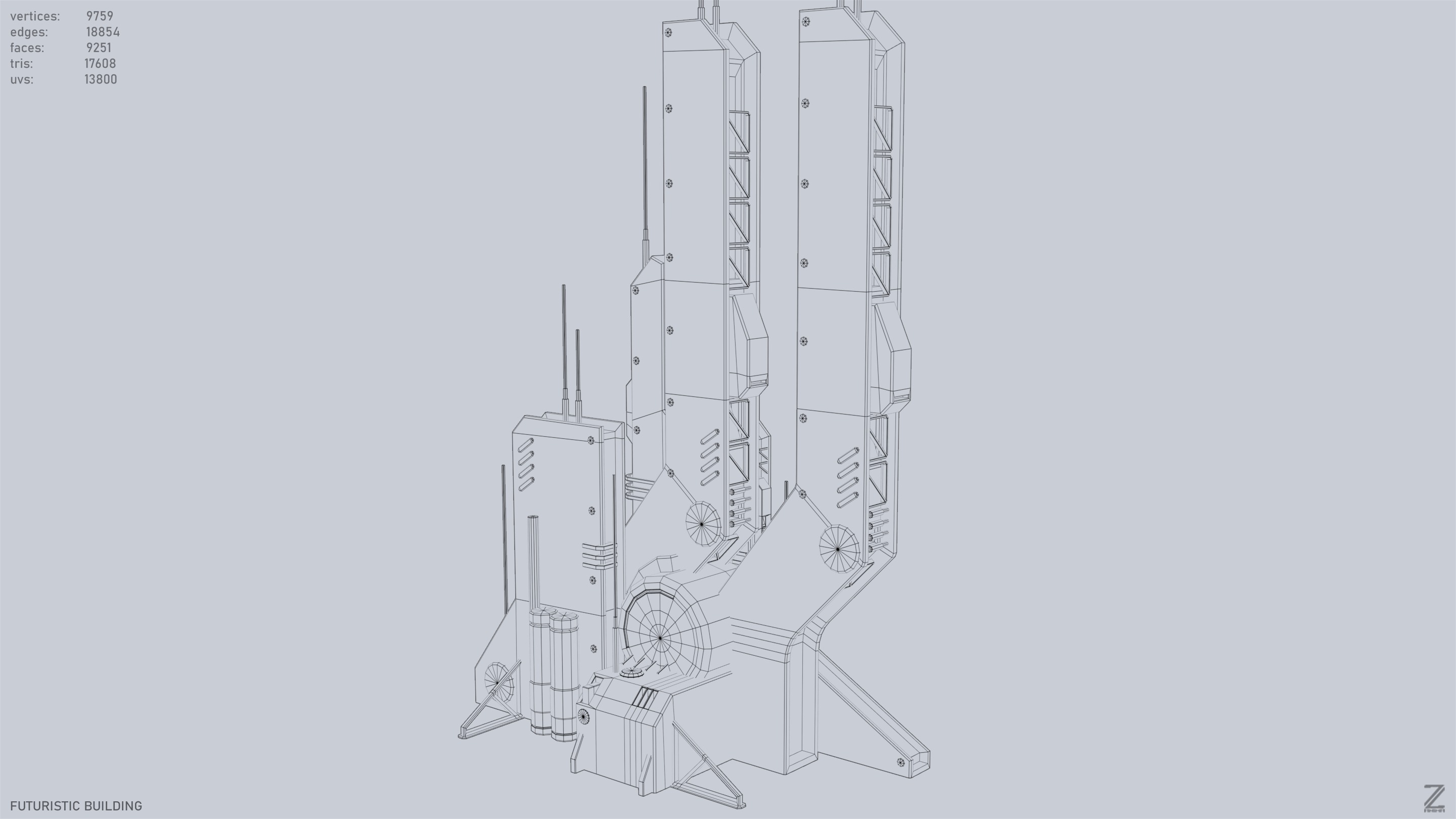 Futuristic building Low-poly 3D model_10