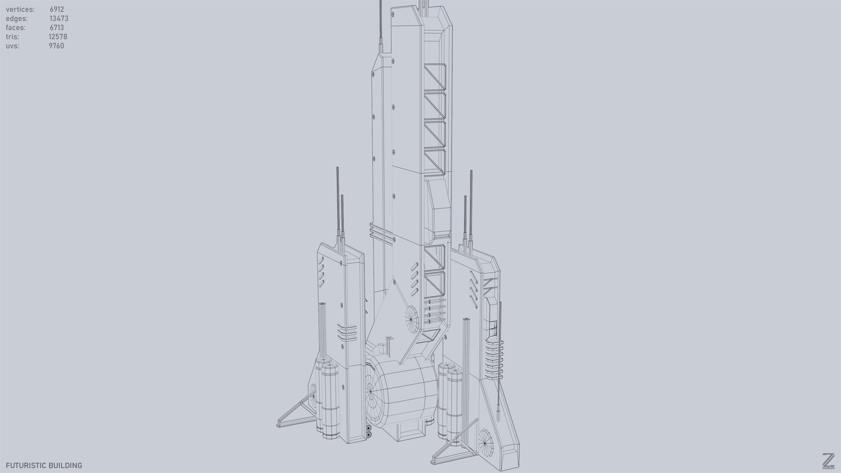 Futuristic building Low-poly 3D model_10