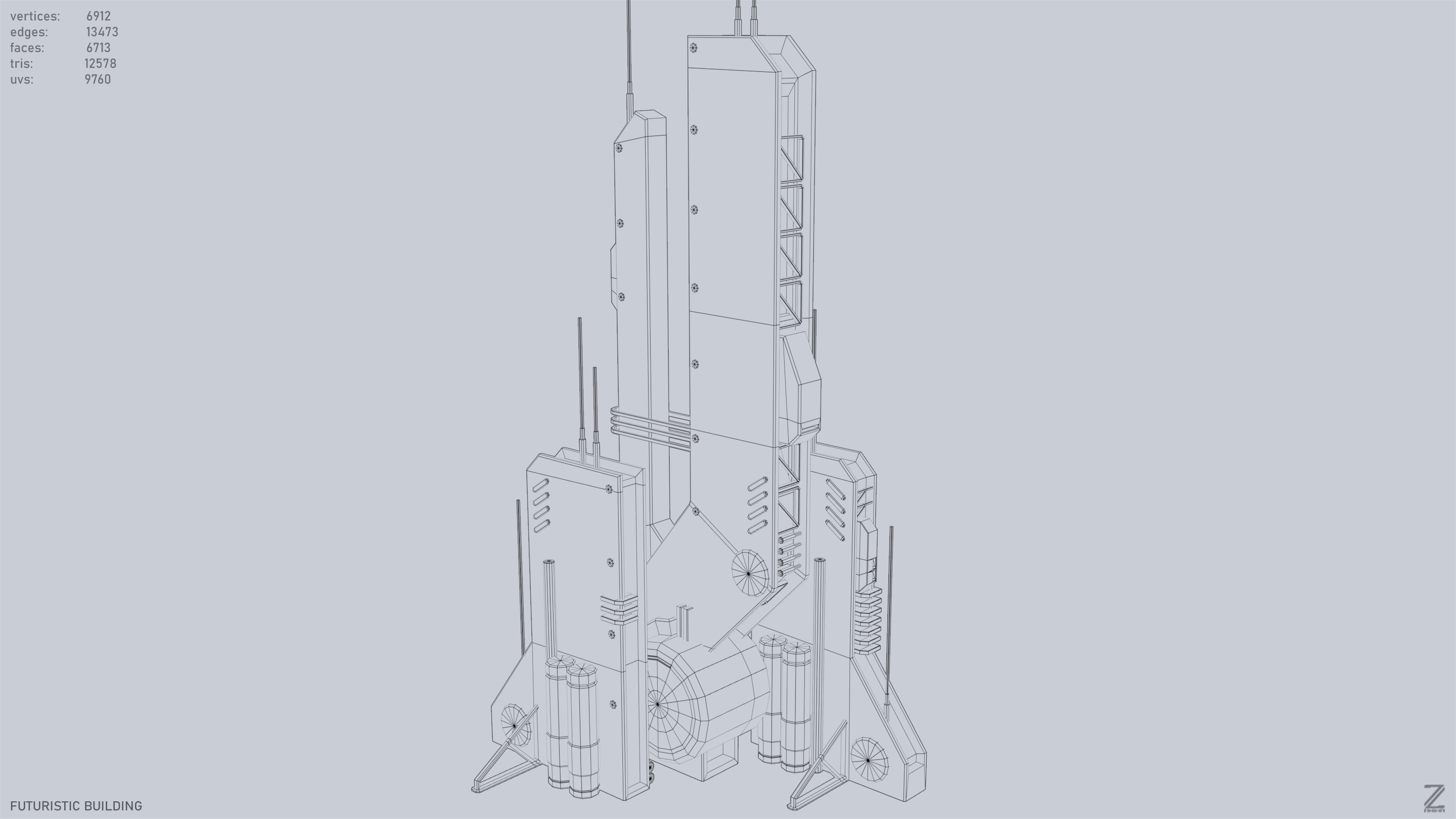 Futuristic building Low-poly 3D model_9