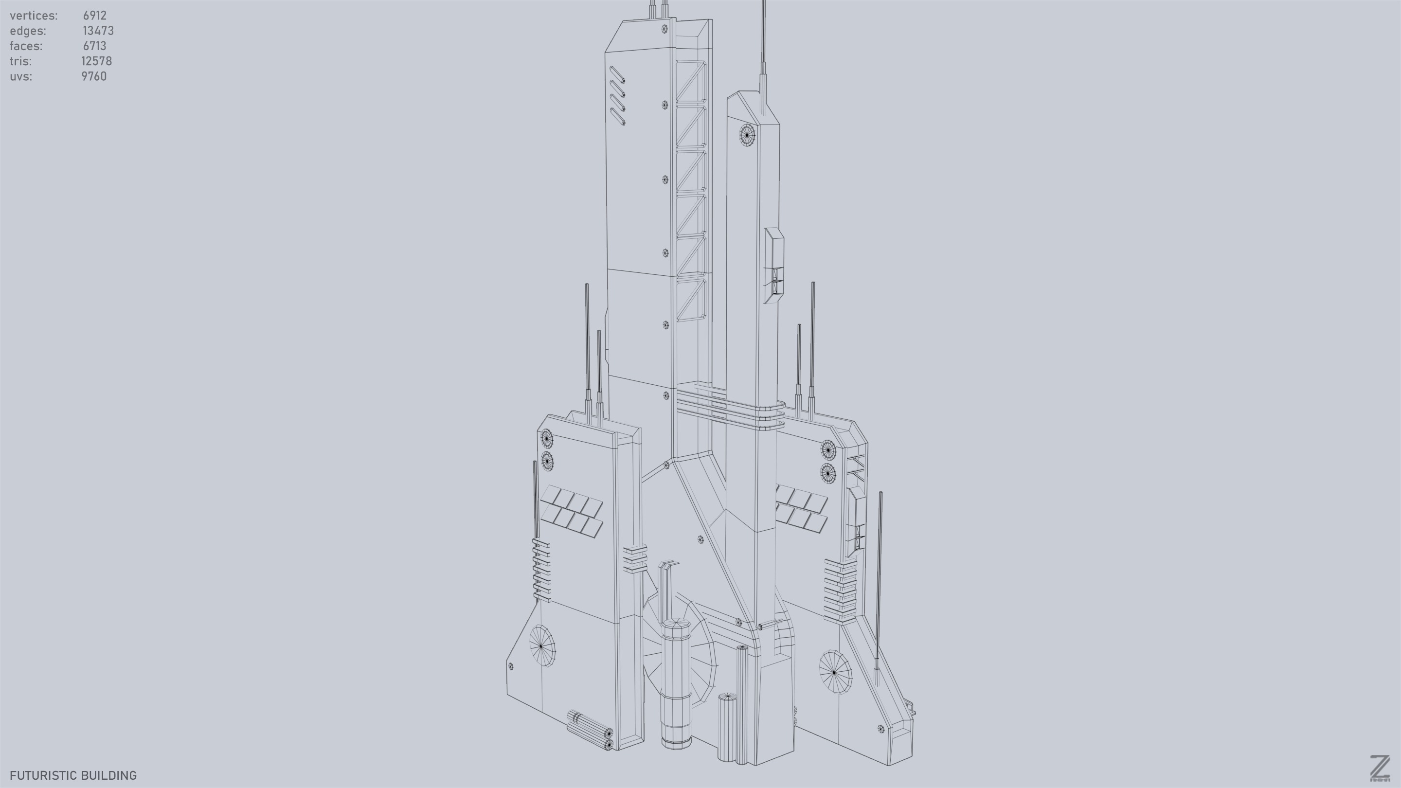 Futuristic building Low-poly 3D model_13