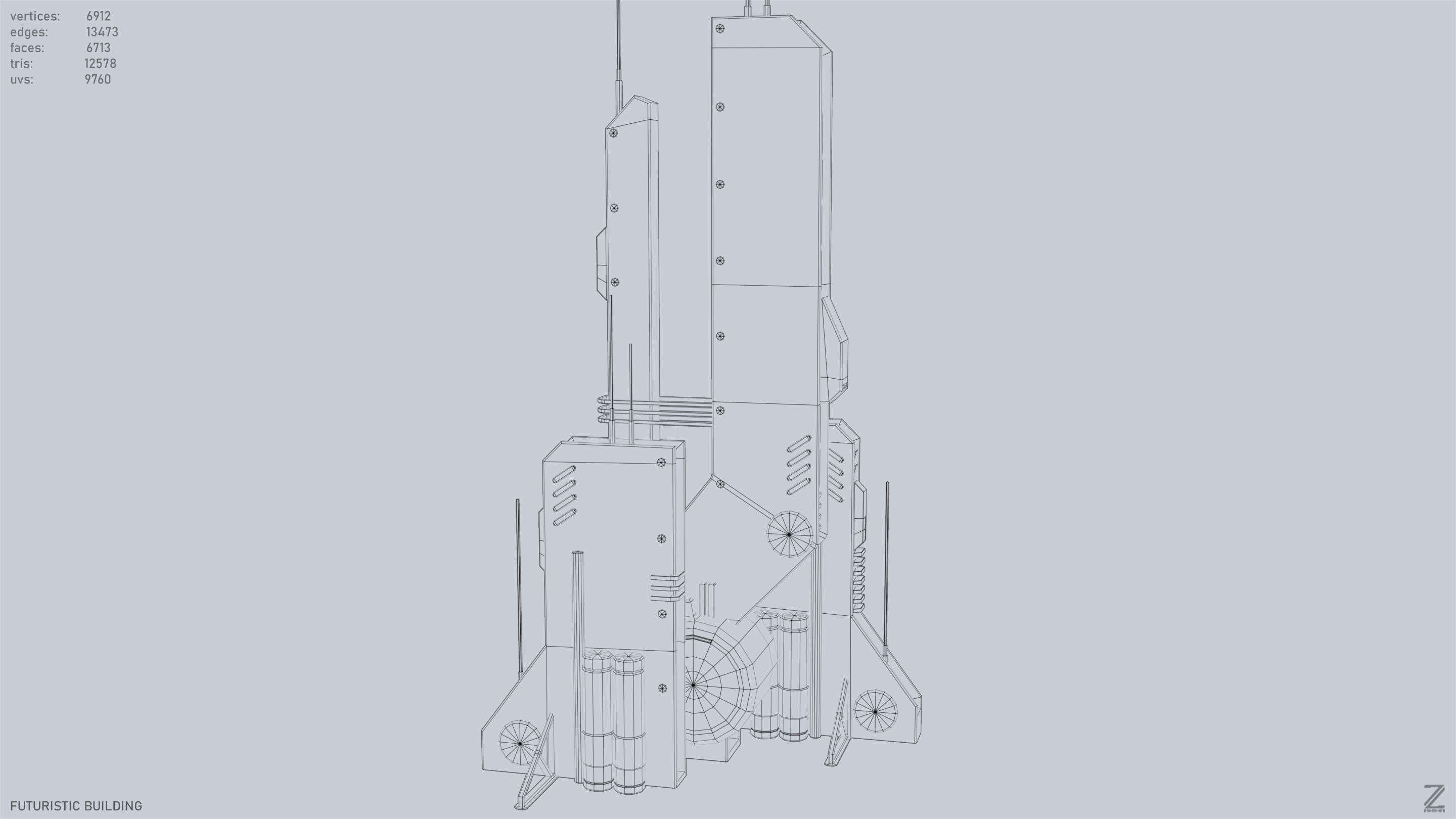 Futuristic building Low-poly 3D model_15