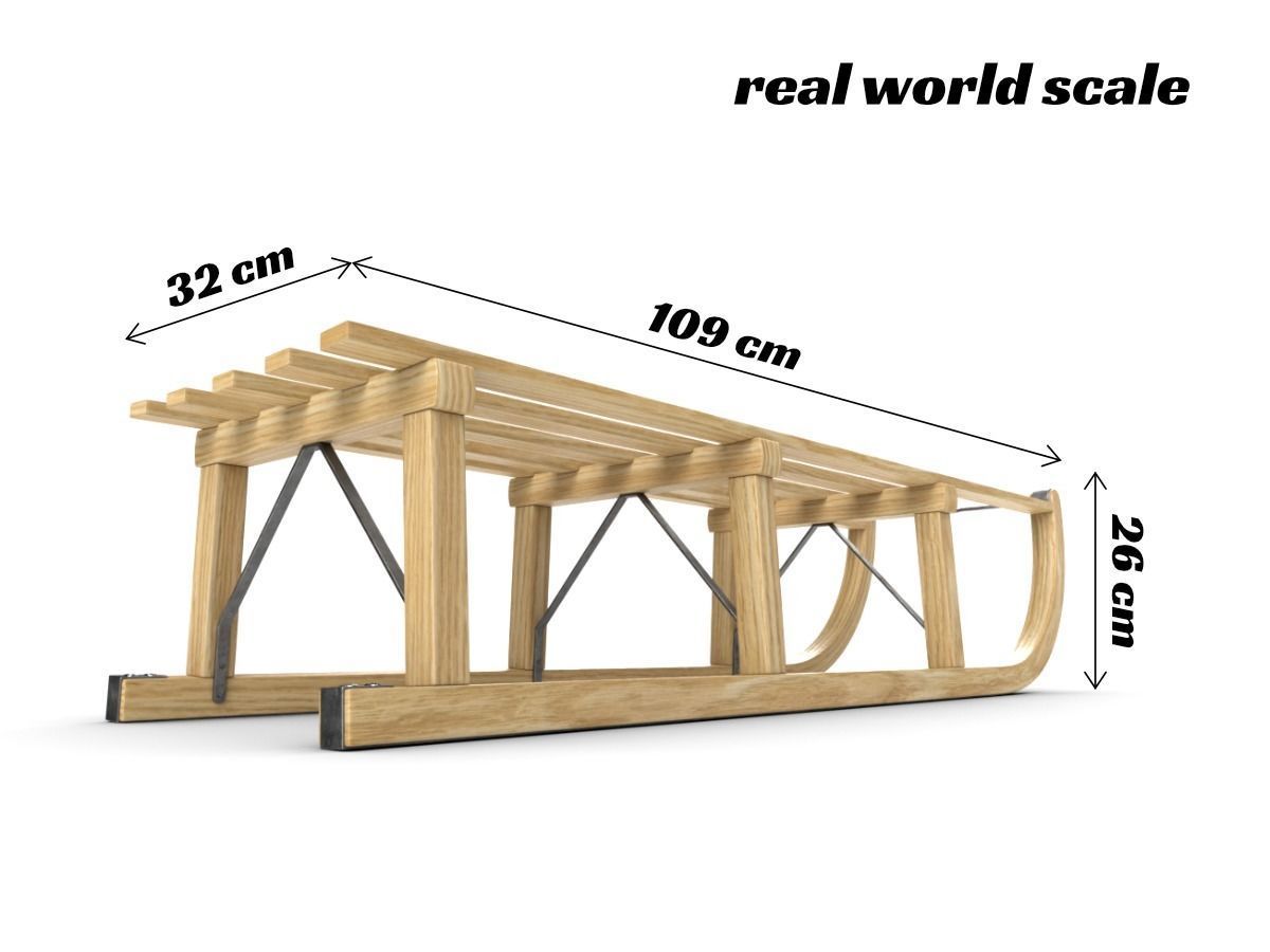 Wooden Sledge Snow Sleigh Low-poly 3D model_5