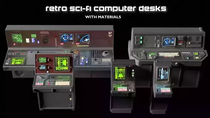 Retro Sci-Fi Computer Stations - Control Panels Kit - 5 Models   3D model