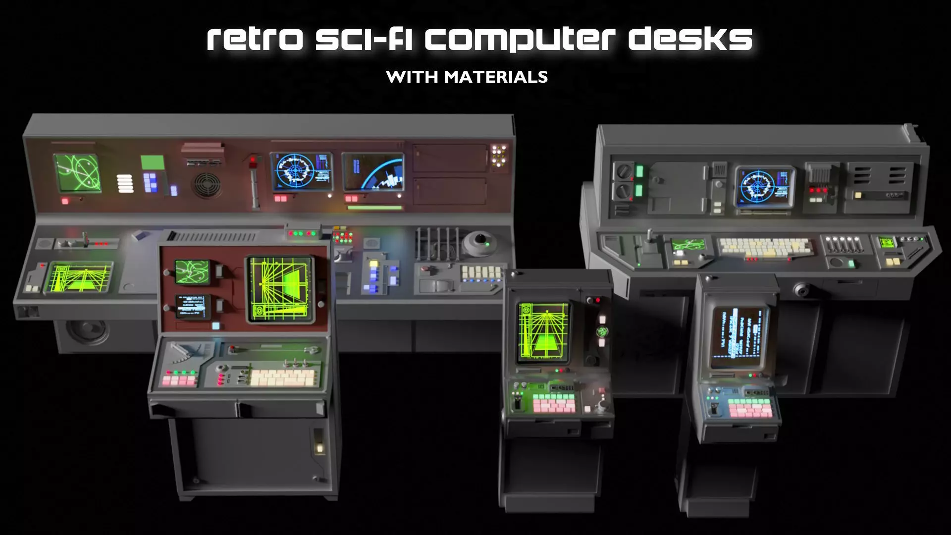 Retro Sci-Fi Computer Stations - Control Panels Kit - 5 Models   3D model_0