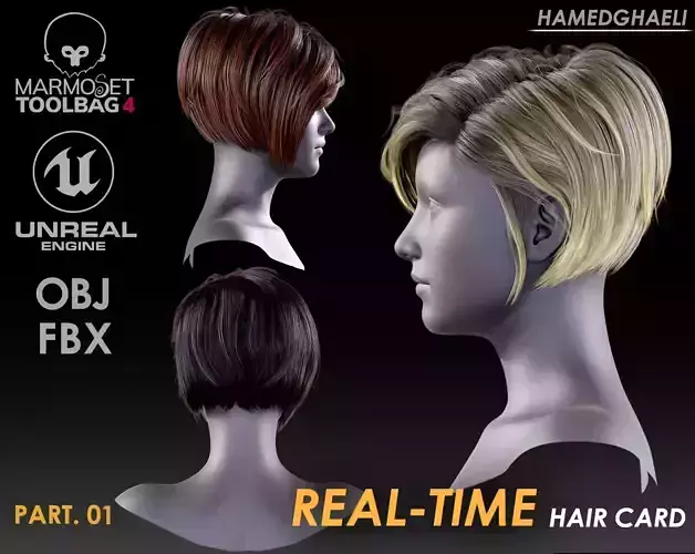 Real Time Hair Card Female Hairstyle part 01 Low-poly 3D model