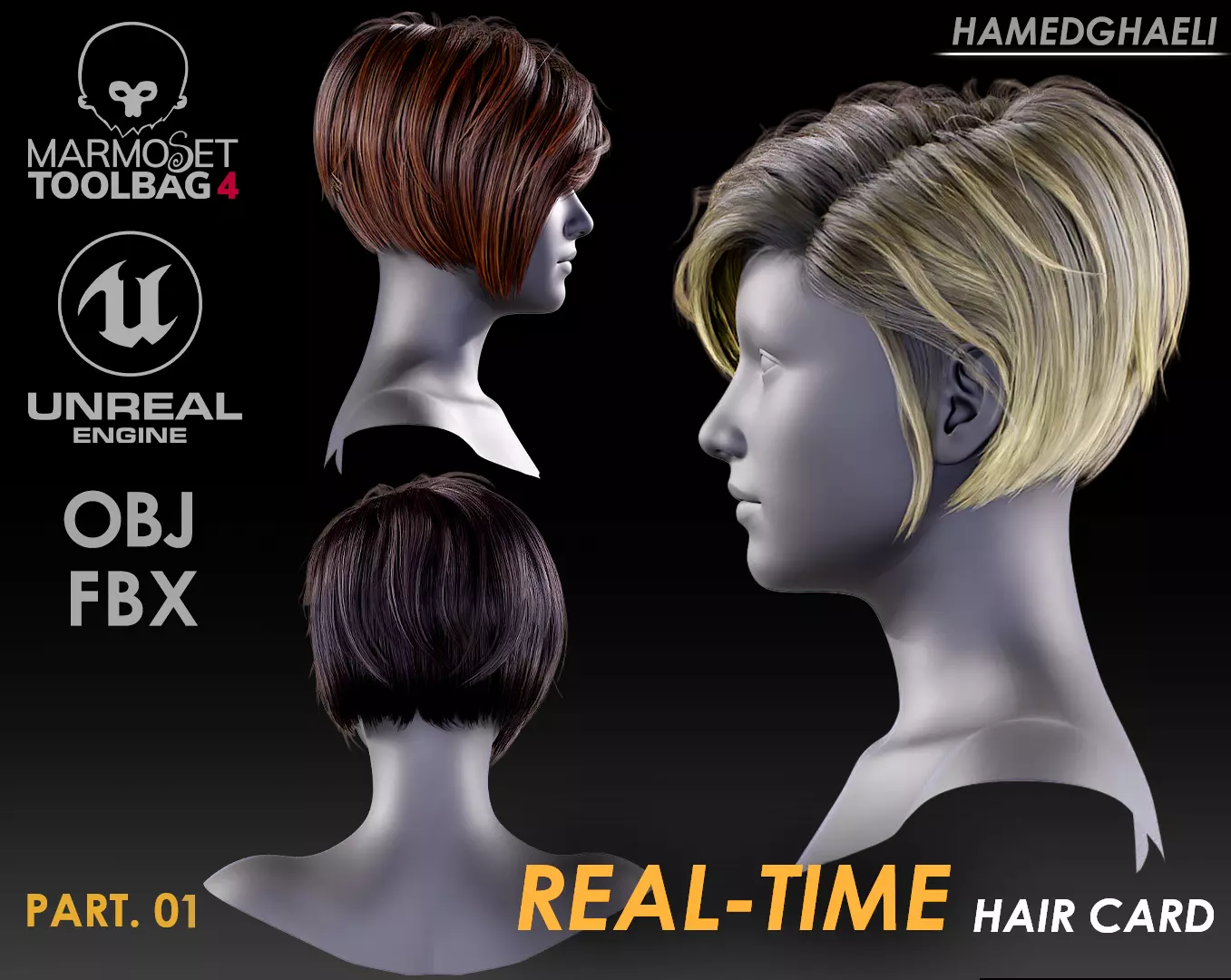 Real Time Hair Card Female Hairstyle part 01 Low-poly 3D model_0