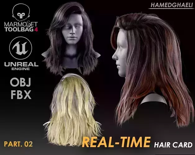 Real Time Hair Card Female Hairstyle part 02 Low-poly 3D model