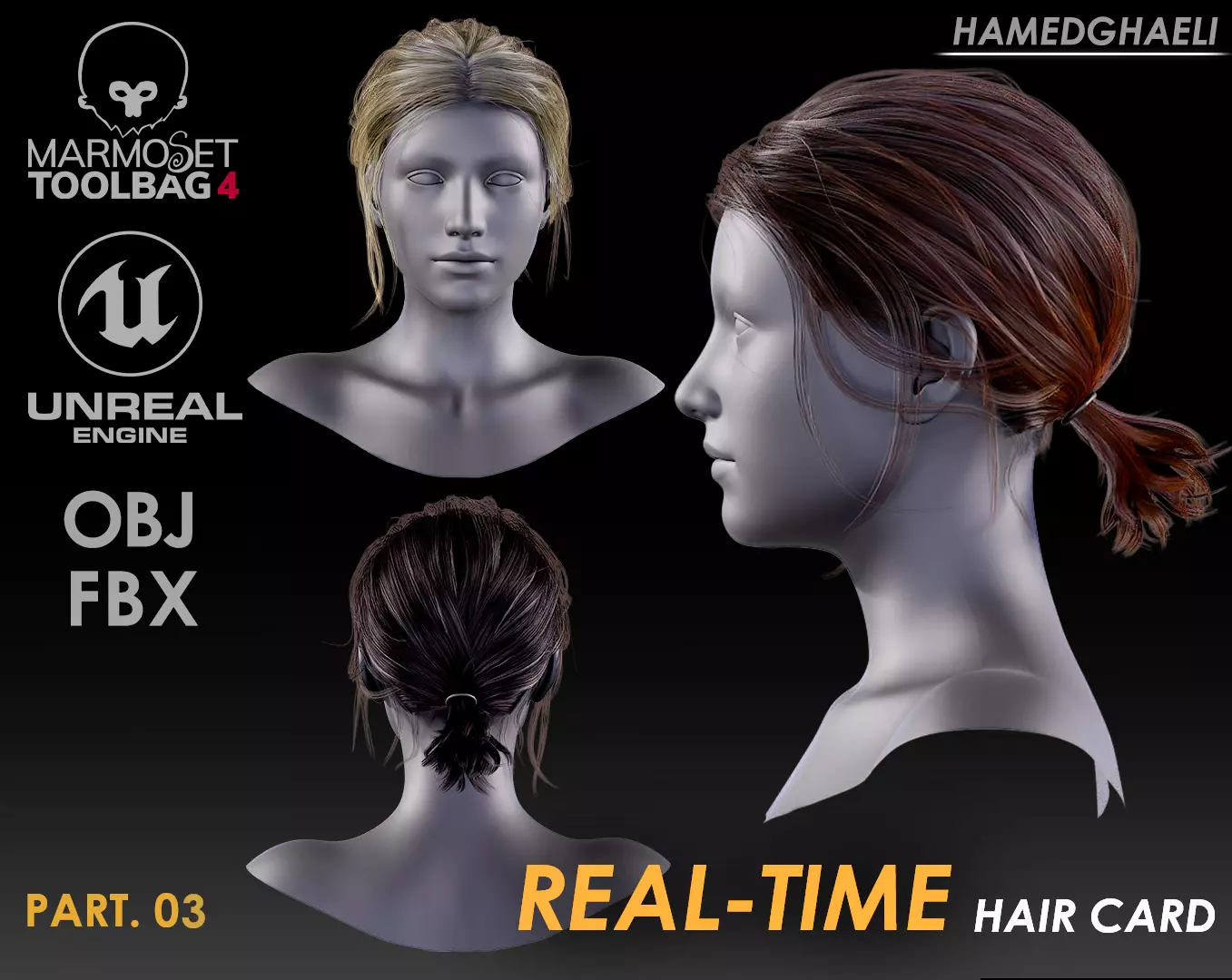Real Time Hair Card Female Hairstyle part 03 Low-poly 3D model_0