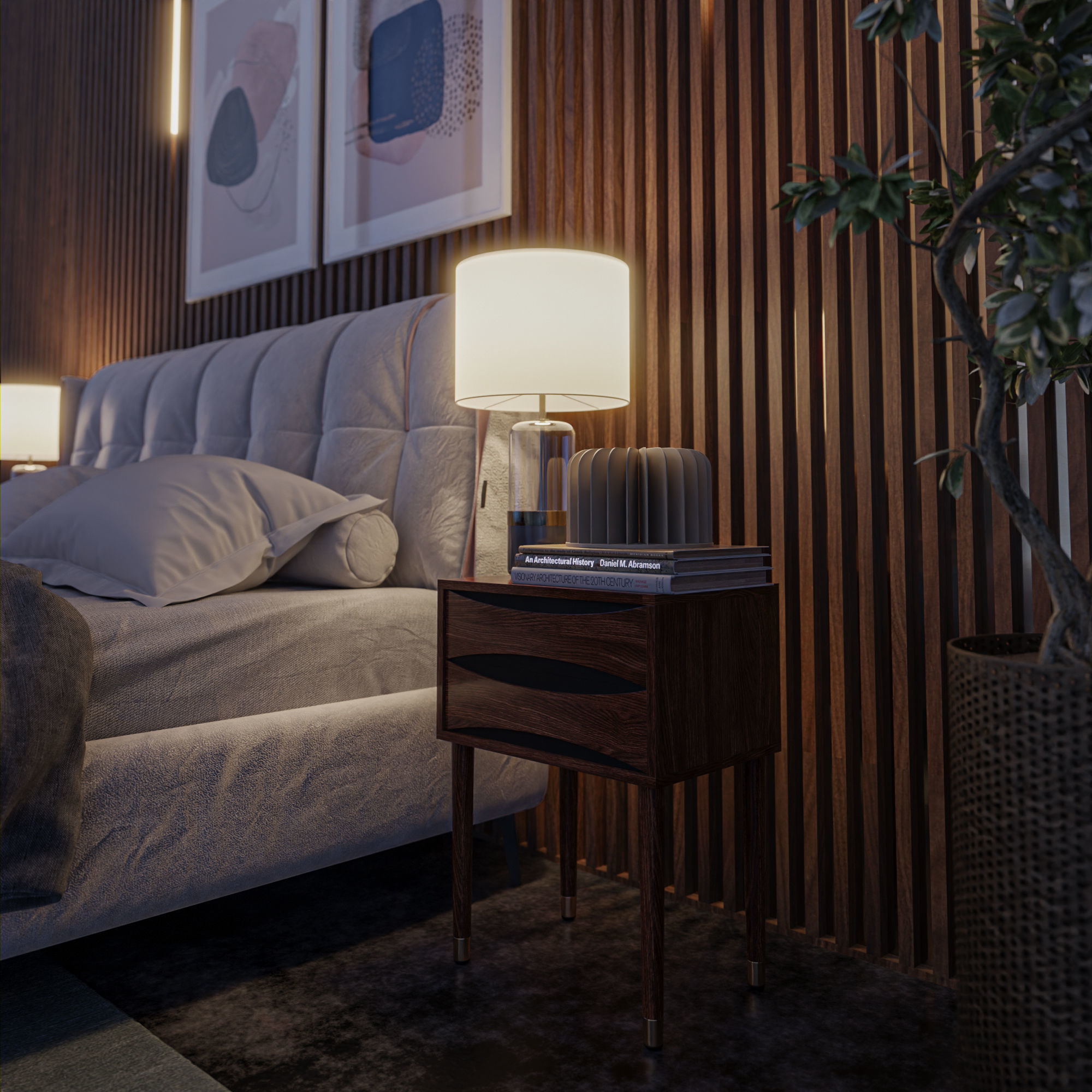 Walnut Modern Wooden Side Table With Storage 3D model_7