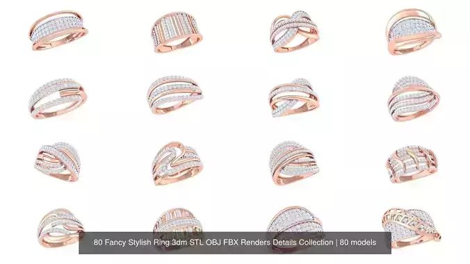 80 Fancy Stylish Ring 3dm STL OBJ FBX Renders Details Collection
