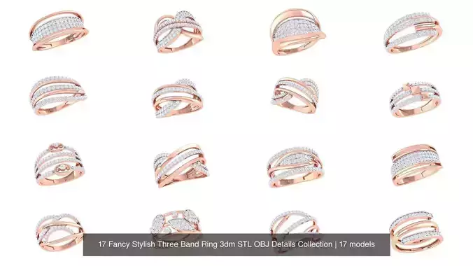 17 Fancy Stylish Three Band Ring 3dm STL OBJ Details Collection