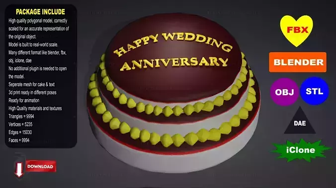 Marriage Anniversary Cake FREE Low-poly 3D model
