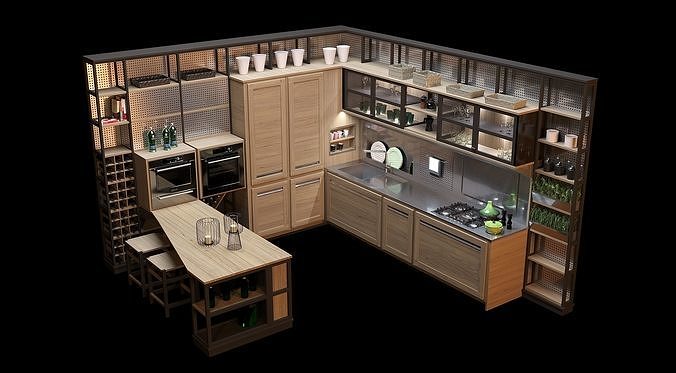 Kitchen with wooden cabinets and shelves 3D model | CGTrader