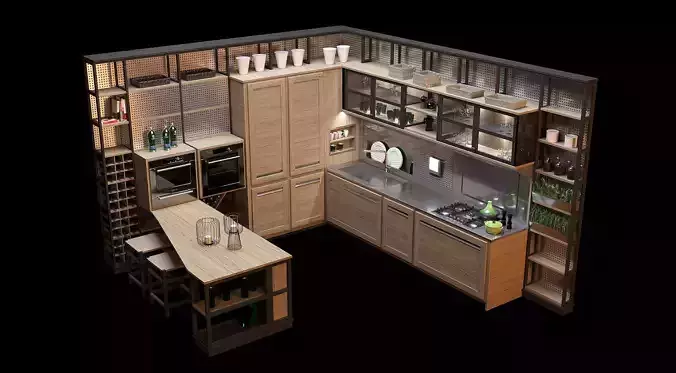 Kitchen with wooden cabinets and shelves