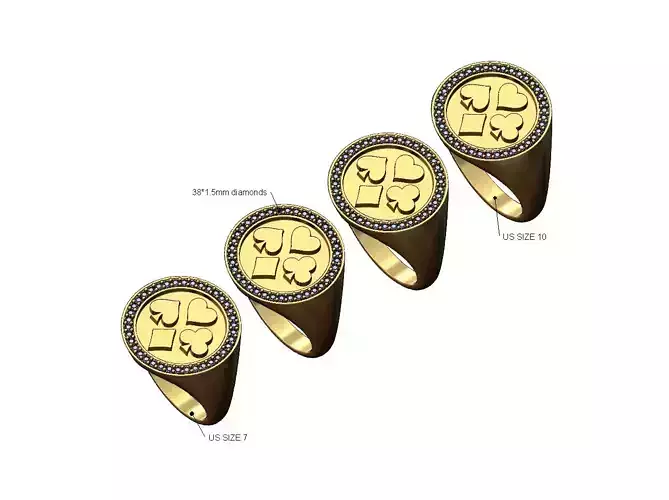Playing cards symbols diamond round signet ring US sizes 7to10