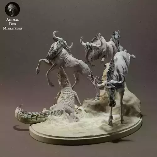Wildebeest Crossing with Nile Crocodile 3D print model