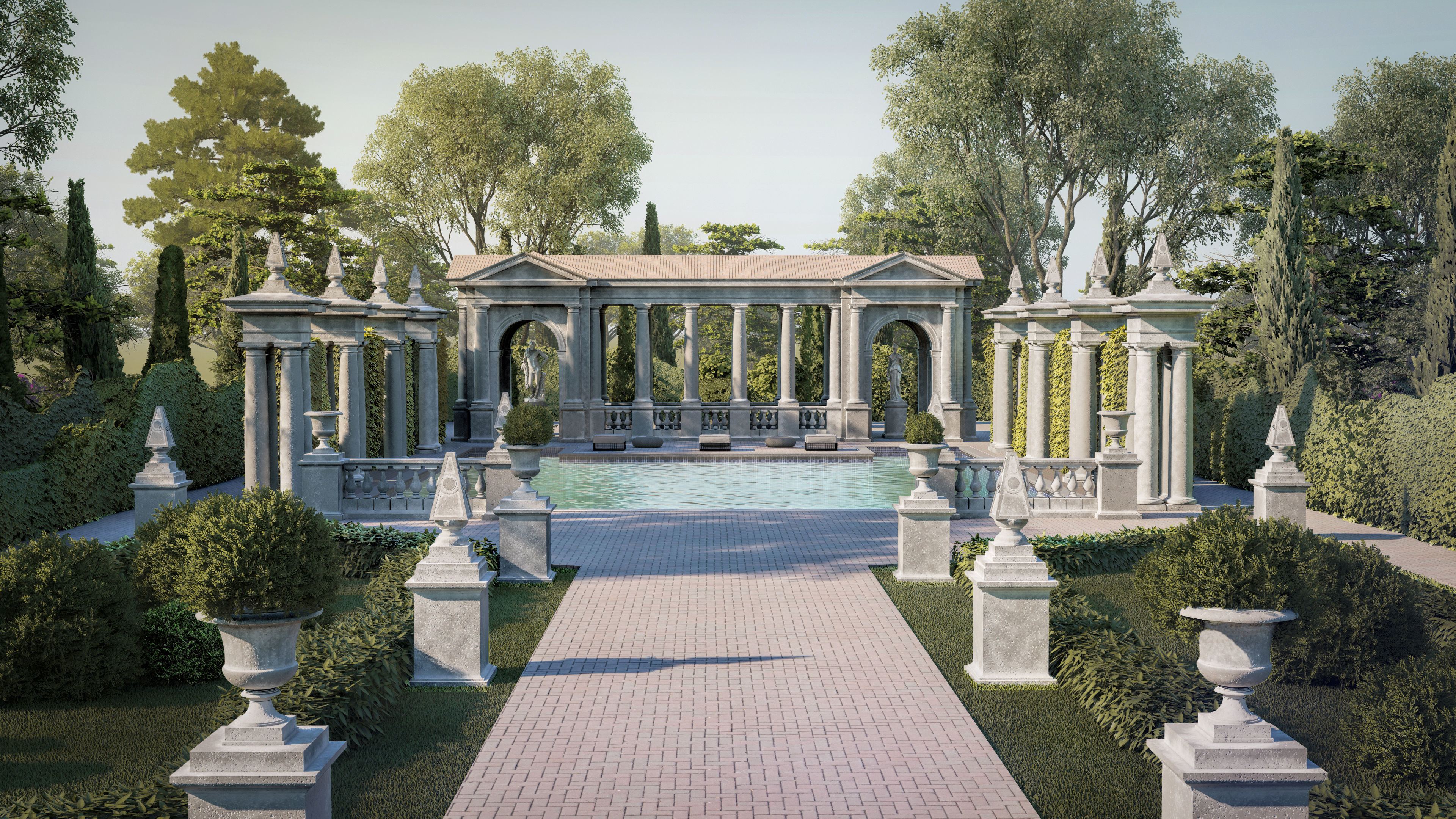 Exteriors swimming pool with classical columns Tuscan column  3D model_1