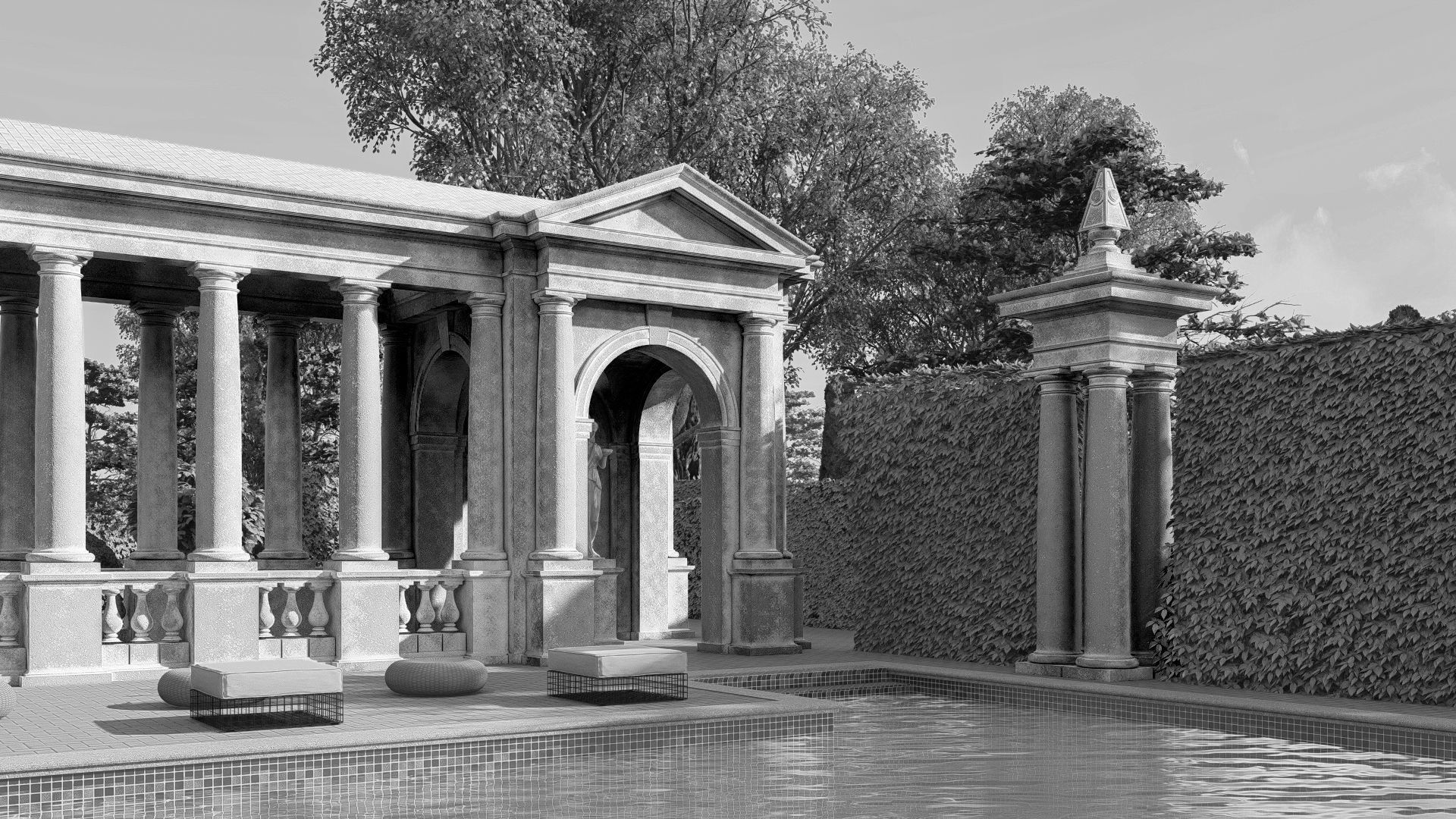 Exteriors swimming pool with classical columns Tuscan column  3D model_2