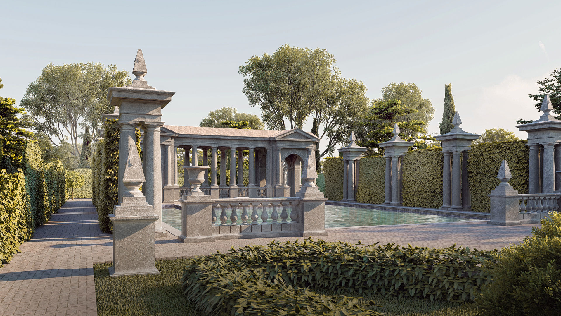 Exteriors swimming pool with classical columns Tuscan column  3D model_4