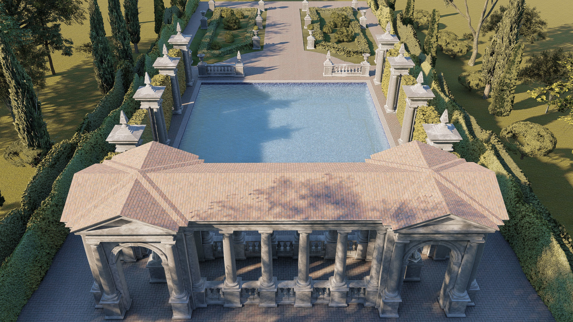 Exteriors swimming pool with classical columns Tuscan column  3D model_3