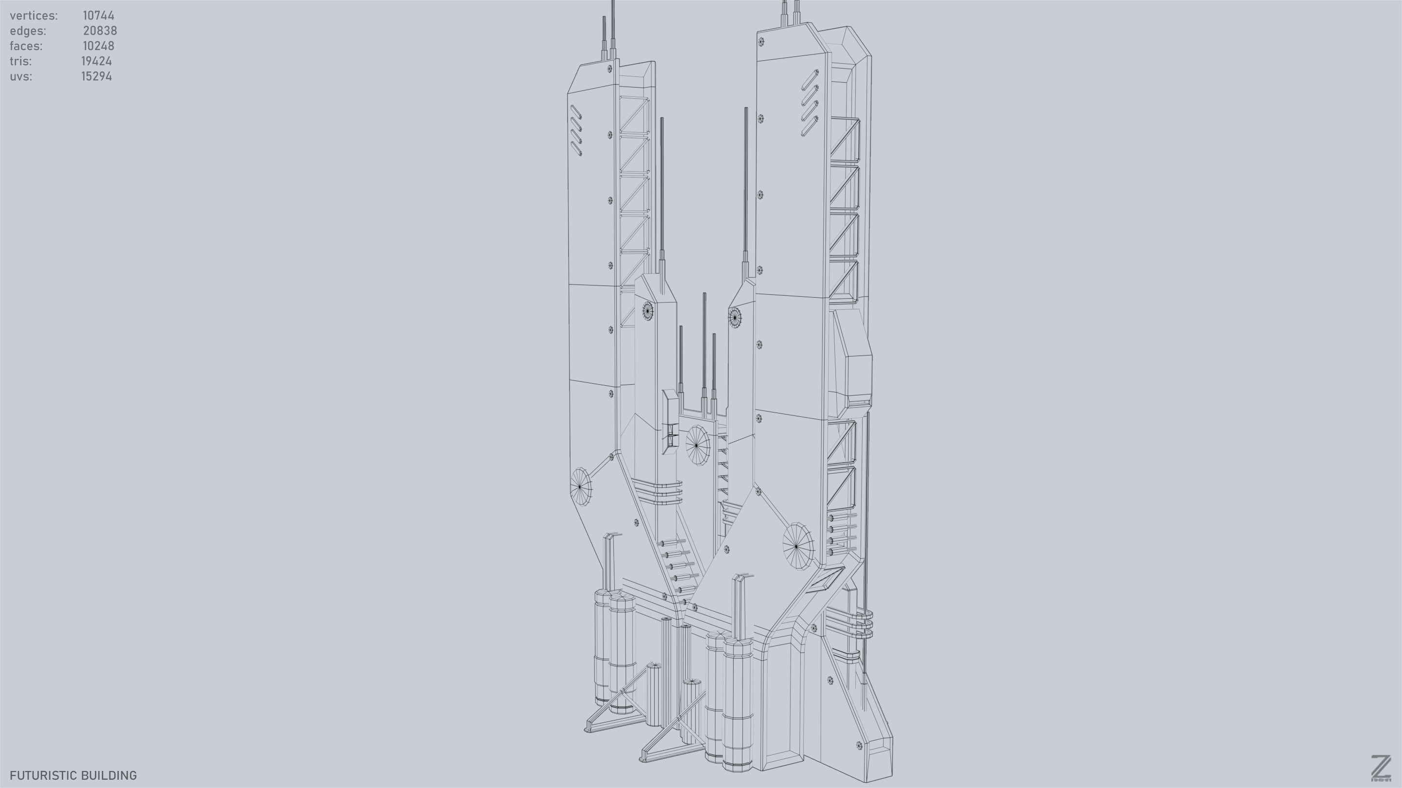 Futuristic building Low-poly 3D model_10