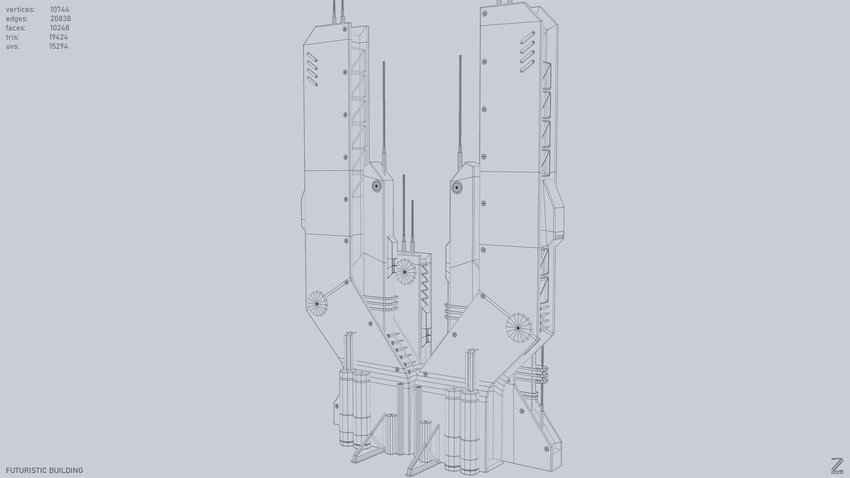 Futuristic building Low-poly 3D model_9